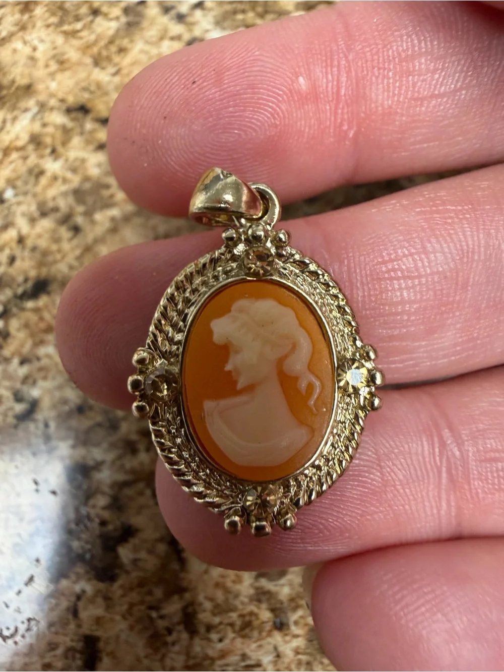 Vintage Cameo Pendant Lady Profile Rhinestone Silver Tone Filigree Costume